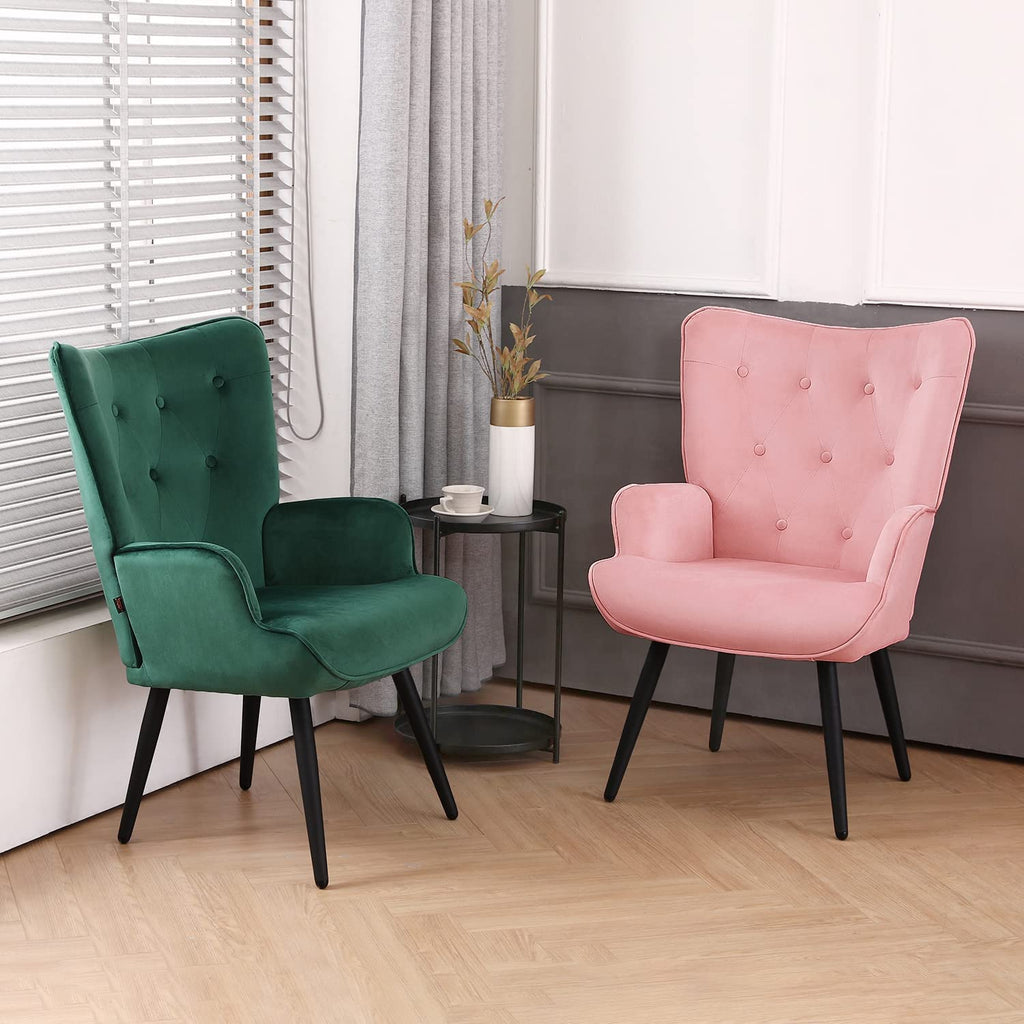 Pink Velvet Tufted Wingback Accent Chair with Solid Metal Legs J60723