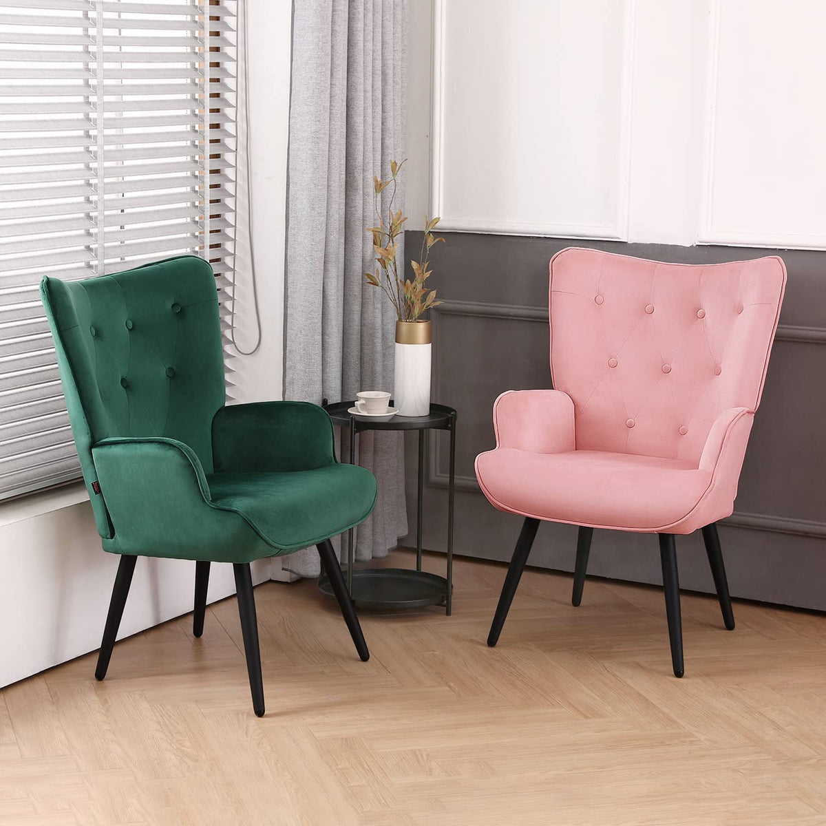 Pink Velvet Tufted Wingback Accent Chair with Solid Metal Legs J60723
