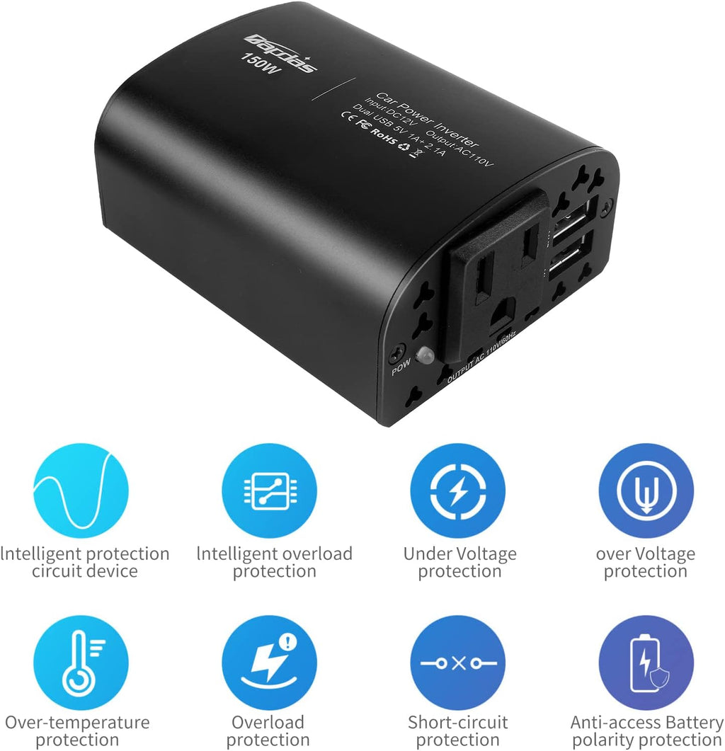 150W Car Power Inverter DC 12V to 110V AC 2 USB Ports Black Pack of 2 W528