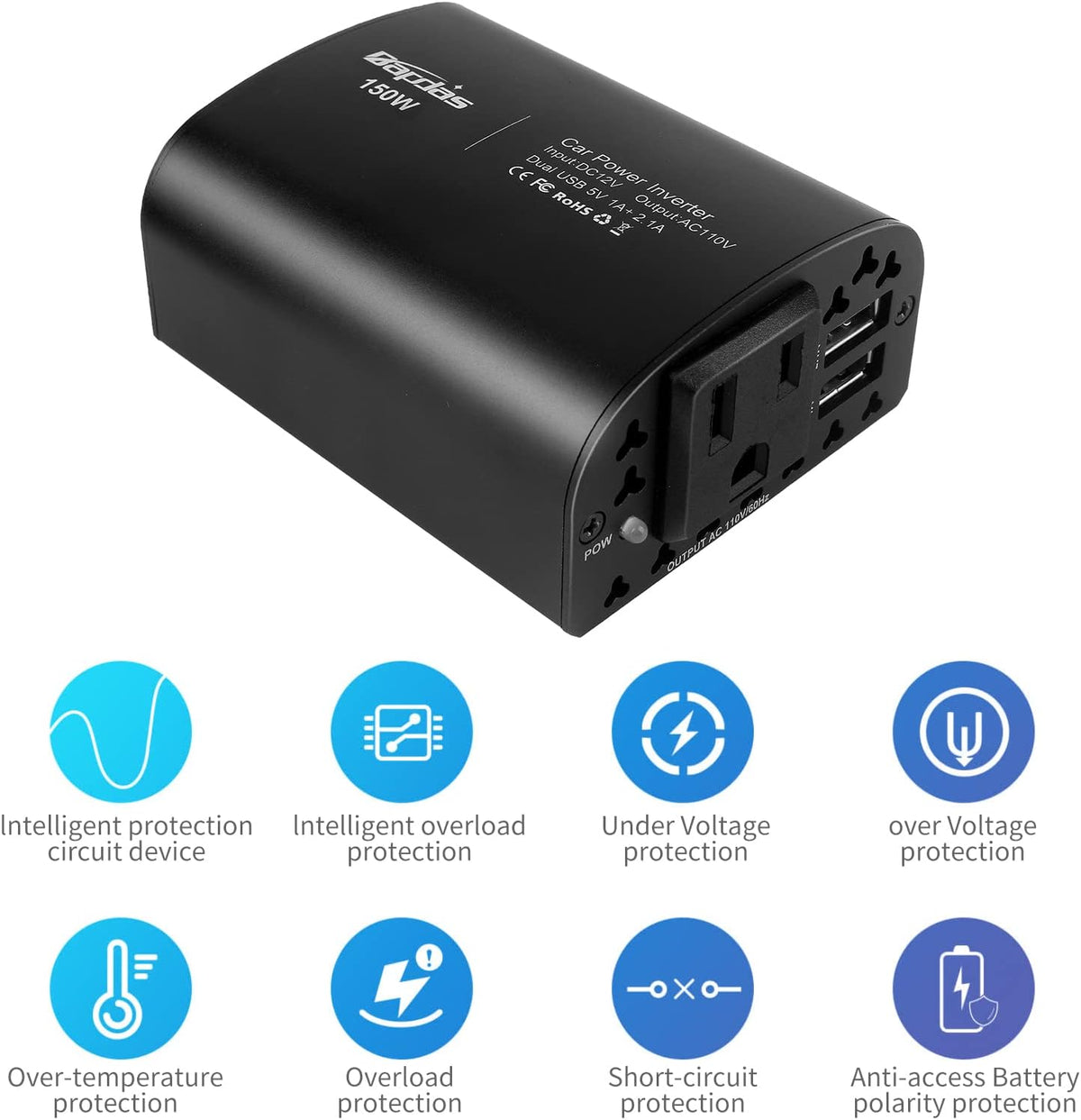 150W Car Power Inverter DC 12V to 110V AC 2 USB Ports Black Pack of 2 W528