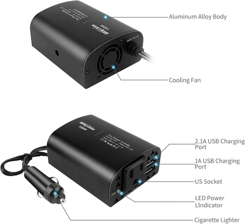 150W Car Power Inverter DC 12V to 110V AC 2 USB Ports Black Pack of 2 W528