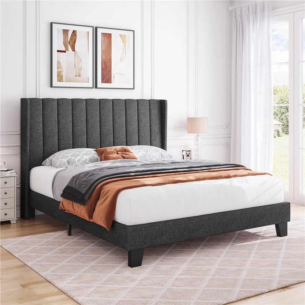 Queen Platform Bed with Upholstered Headboard, Navy Blue P164