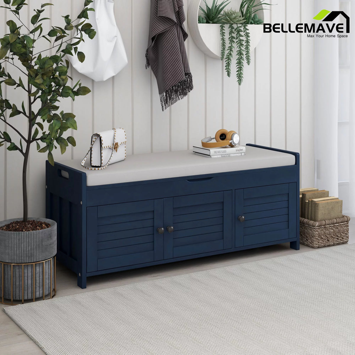Navy Blue Wood Storage Bench with Removable Cushion and Shelves S594735