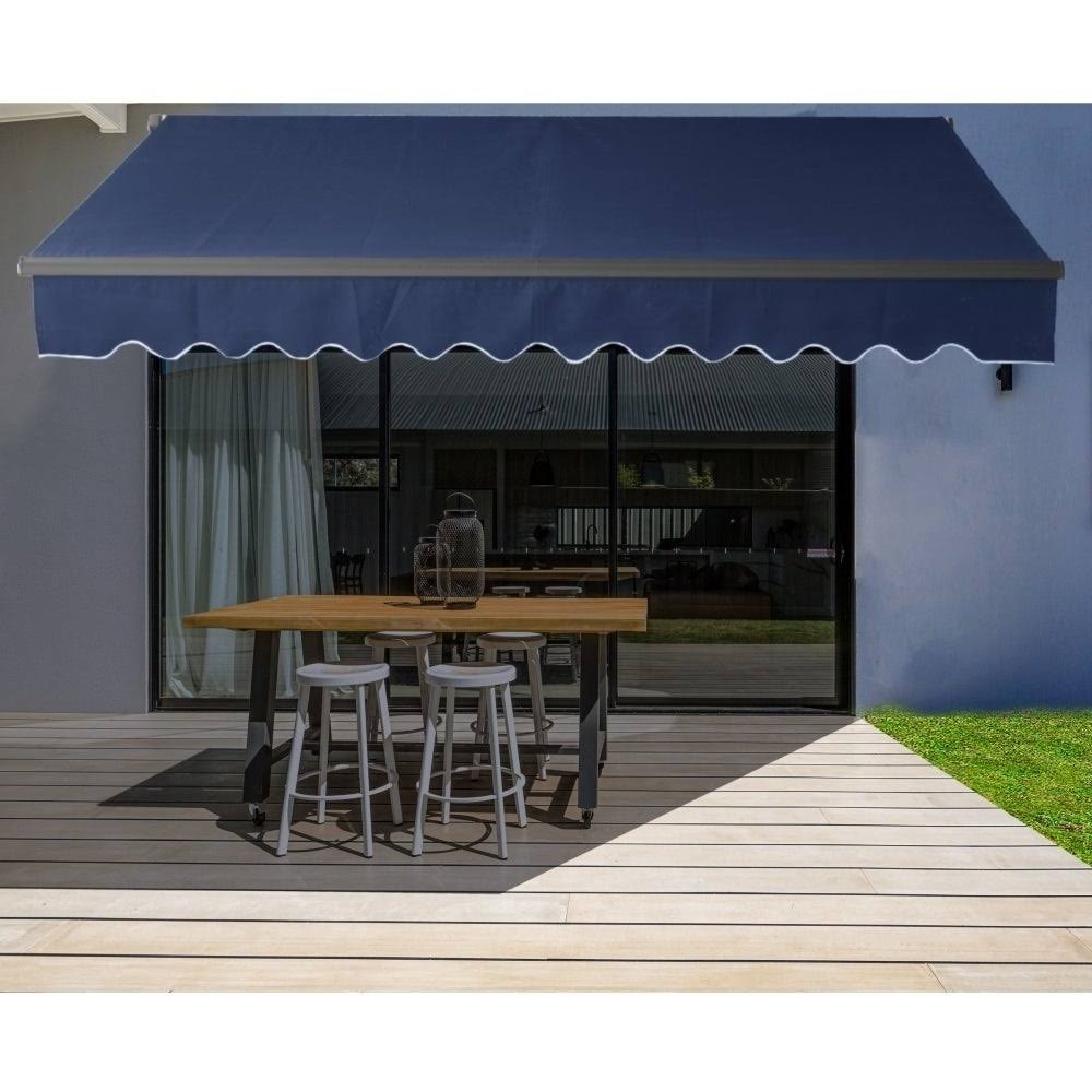 Black Frame Retractable Patio Canopy Awning Blue I969839