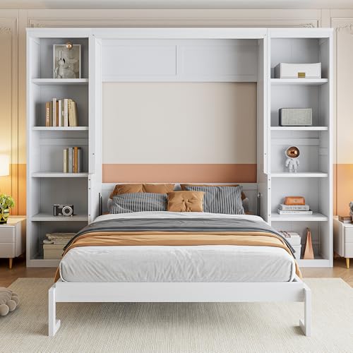 White Queen Size Murphy Wall Bed with Desk & Bookcase X2885