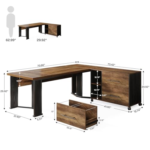 Brown and Black L Shaped Executive Desk with Mobile File Cabinet and 2 Drawers N223