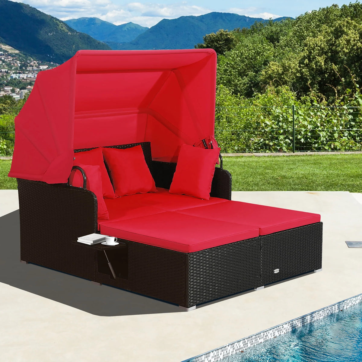 Red Rattan Daybed with Canopy and Side Tables S1204