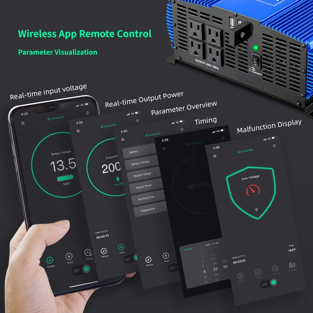 3000W Pure Sine Wave Power Inverter 12V DC to 110V AC Car Inverter with Bluetooth 4 AC Outlets 2 USB Ports G9431