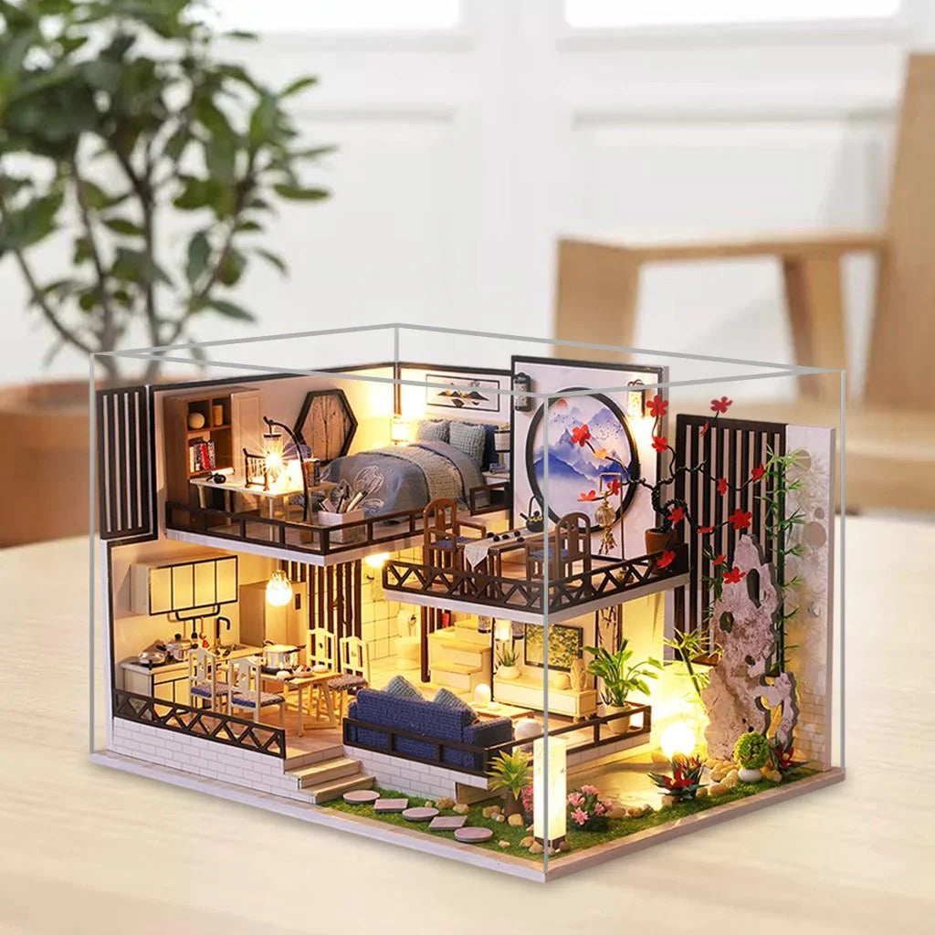 Miniature Wood Dollhouse with Furniture and Dustproof Cover O6599