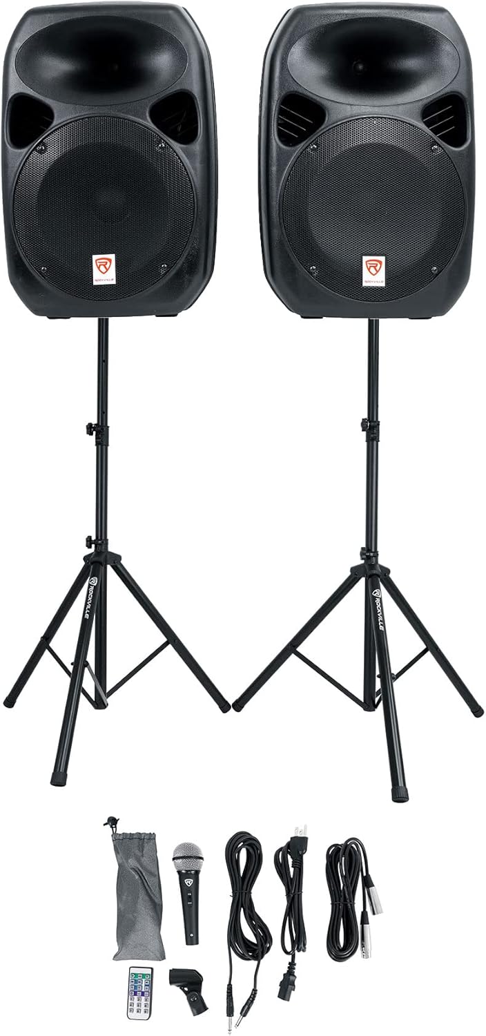 Dual 10" Powered Speakers PA System with Bluetooth, Mic, Stands M57348