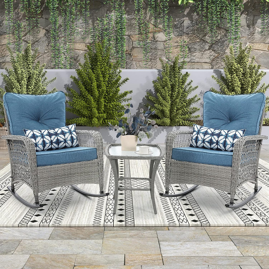 3 Piece Rattan Outdoor Rocking Bistro Set with Cushions A39089