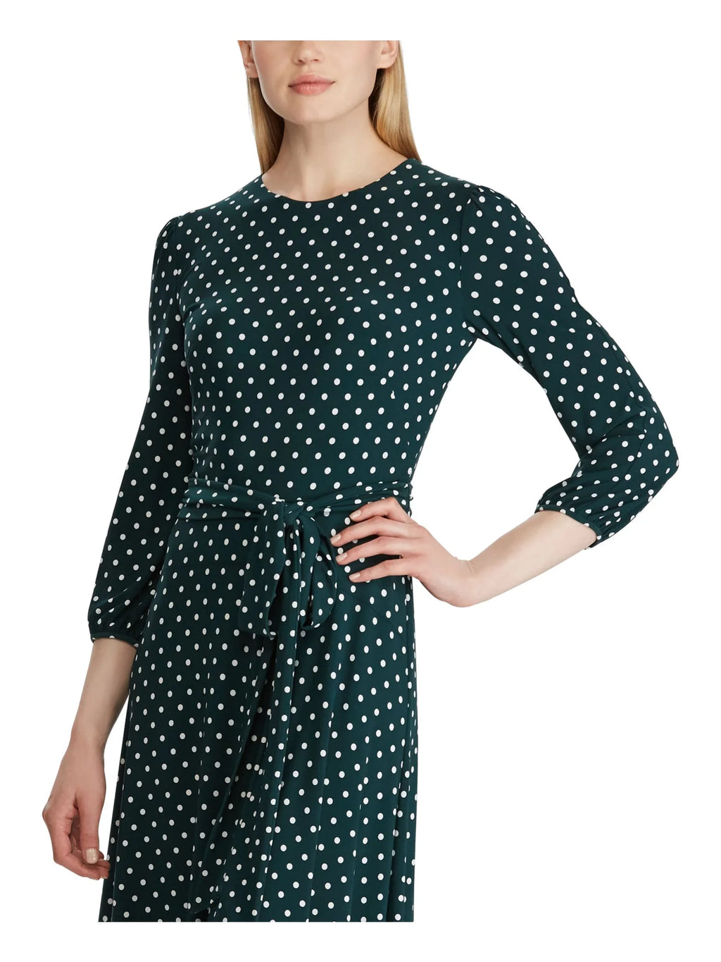 Green Long Sleeve Knee Length Faux Wrap Dress Z6228