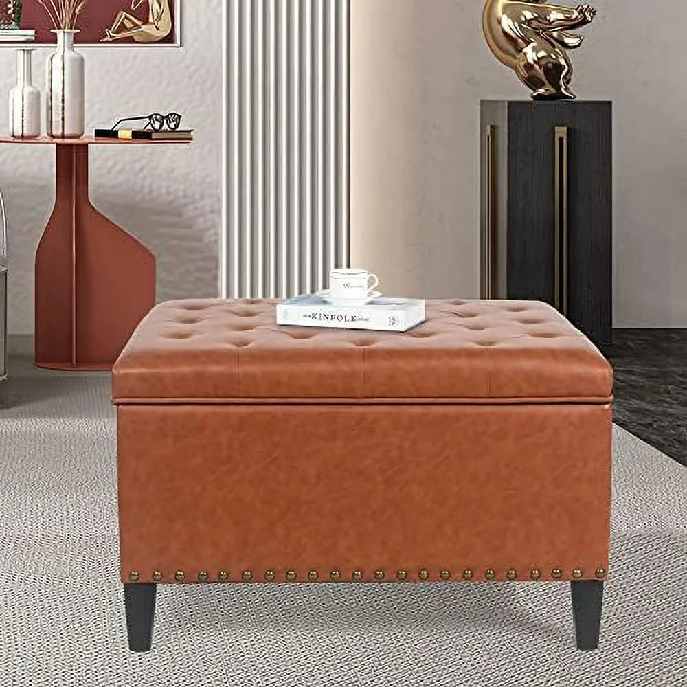 Orange Upholstered Tufted Ottoman Bench with Wood Legs T895