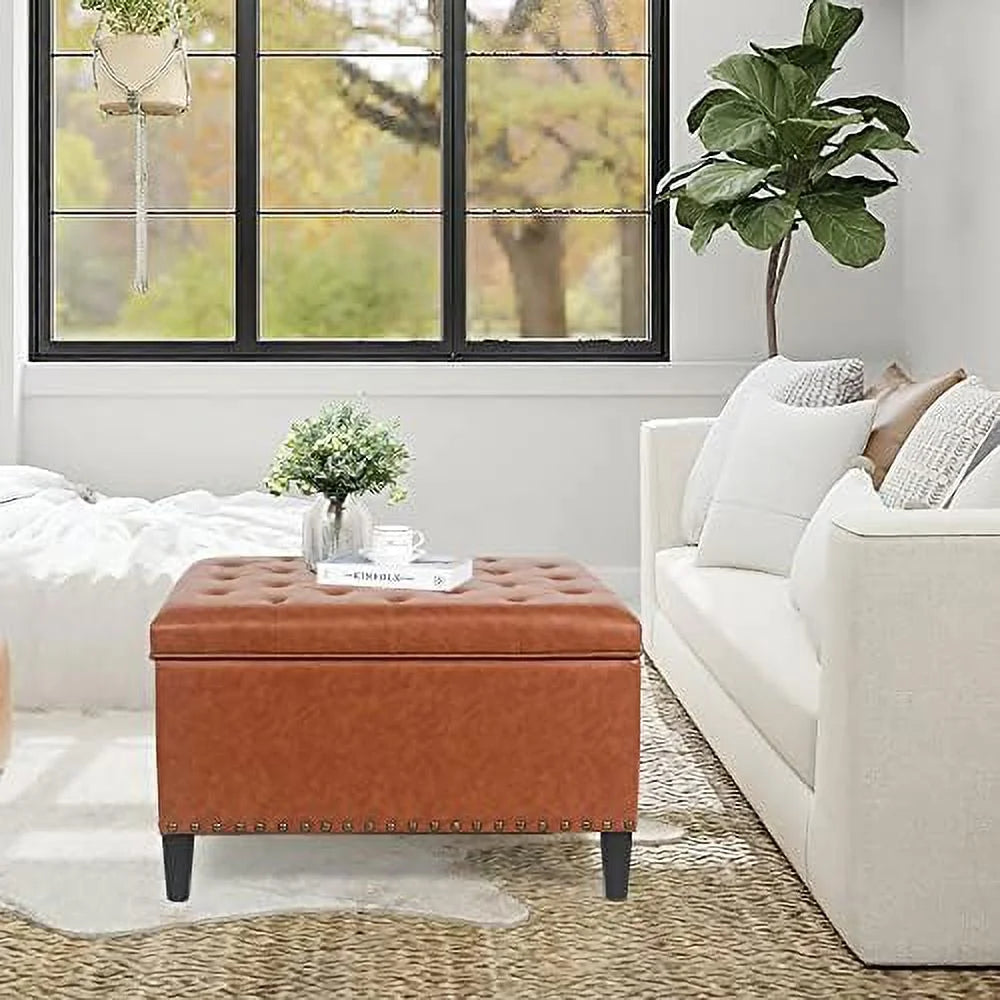 Orange Upholstered Tufted Ottoman Bench with Wood Legs T895