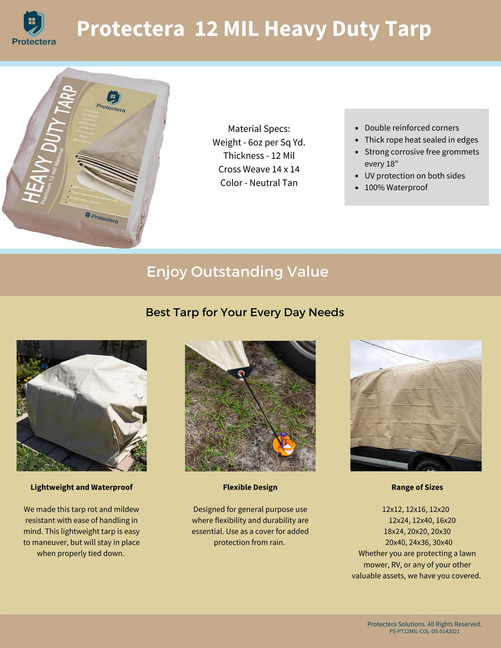 Heavy Duty Waterproof Tarp 12 mil Thick 12 feet by 16 feet Neutral Tan D333228