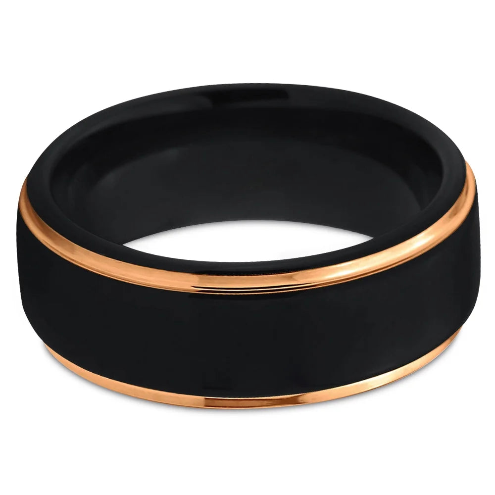 Tungsten Wedding Band Ring 8mm Black 18K Yellow Gold Plated Stepped Edge Polished Size 5.5 Y641167