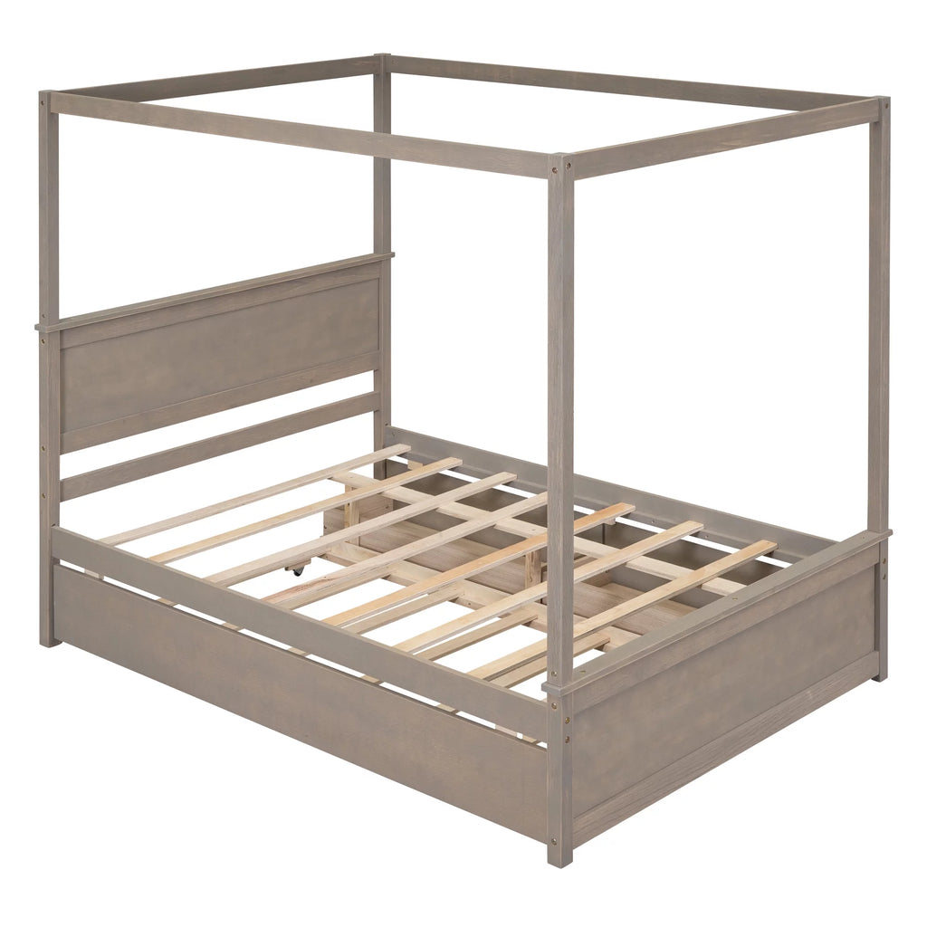 Light Brown Full Size Wood Canopy Platform Bed with 2 Drawers and Trundle Z4229