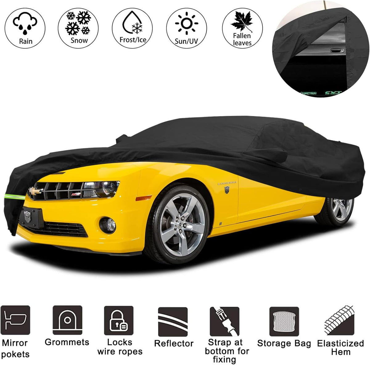 Waterproof Car Covers for Chevy Camaro, 190T, Black, Pack of 2 P3672