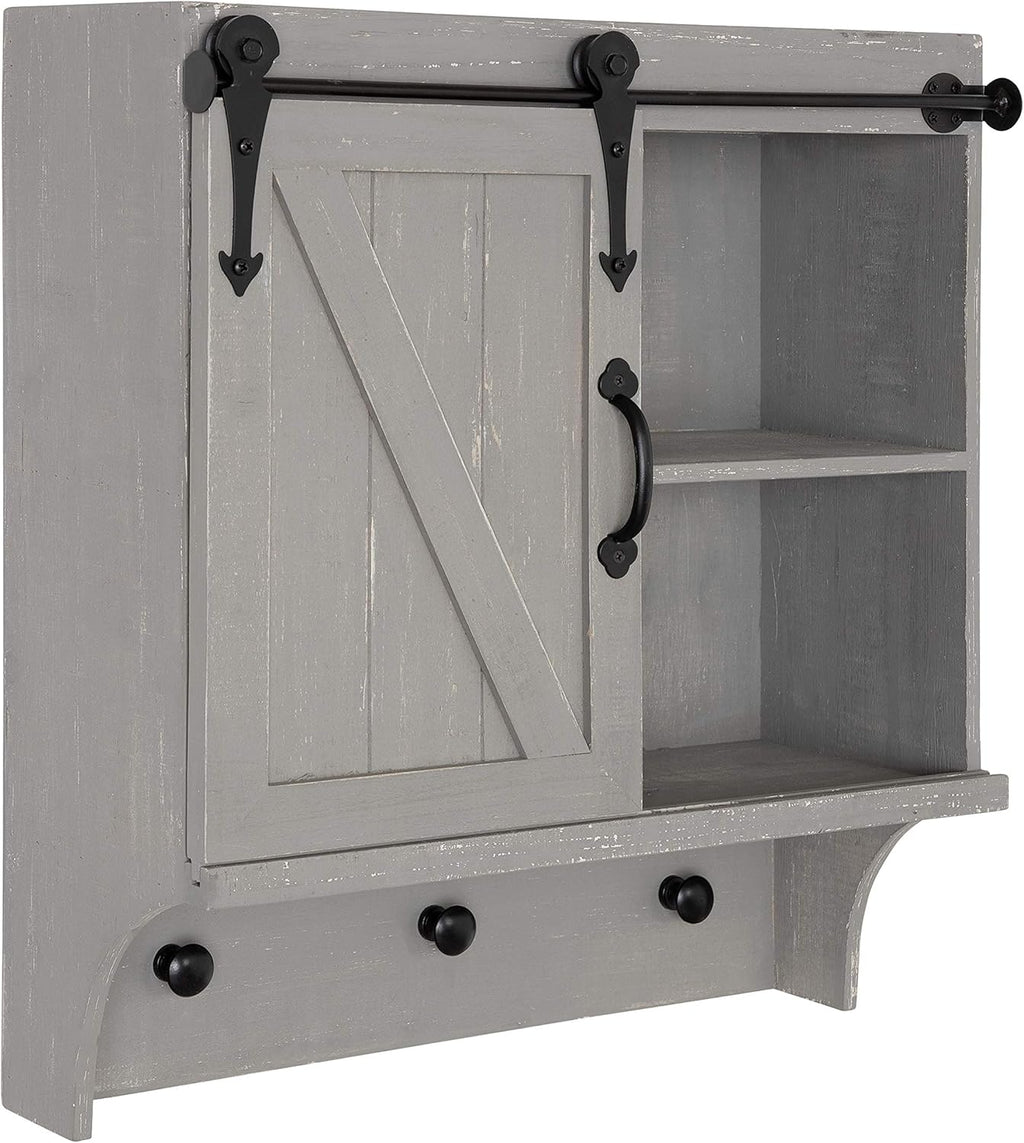 White Shabby-Chic Farmhouse Cabinet Wall Organizer with Sliding Barn Door and 3 Knobs T216