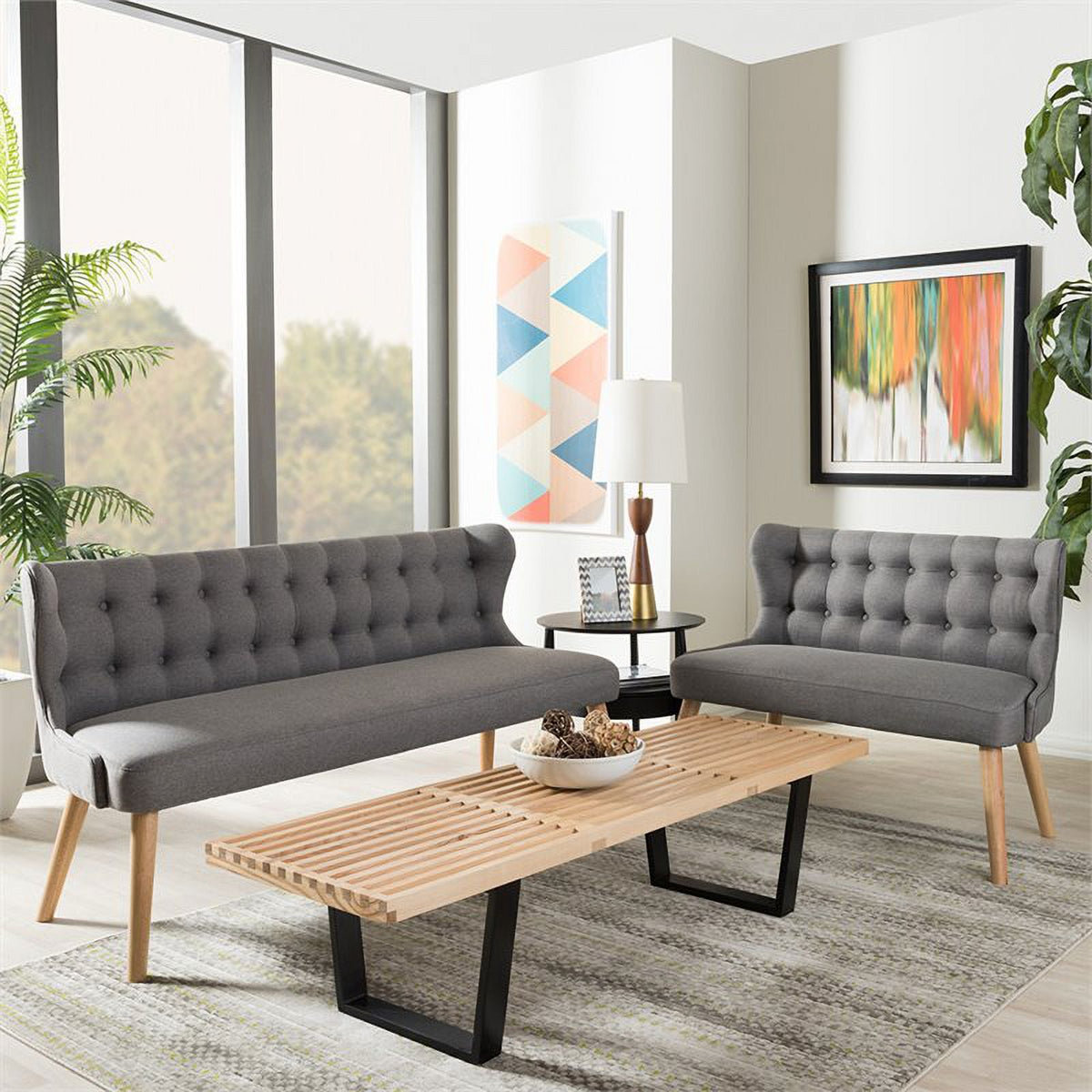 Tufted Wingback Sofa in Gray and Light Brown Q234