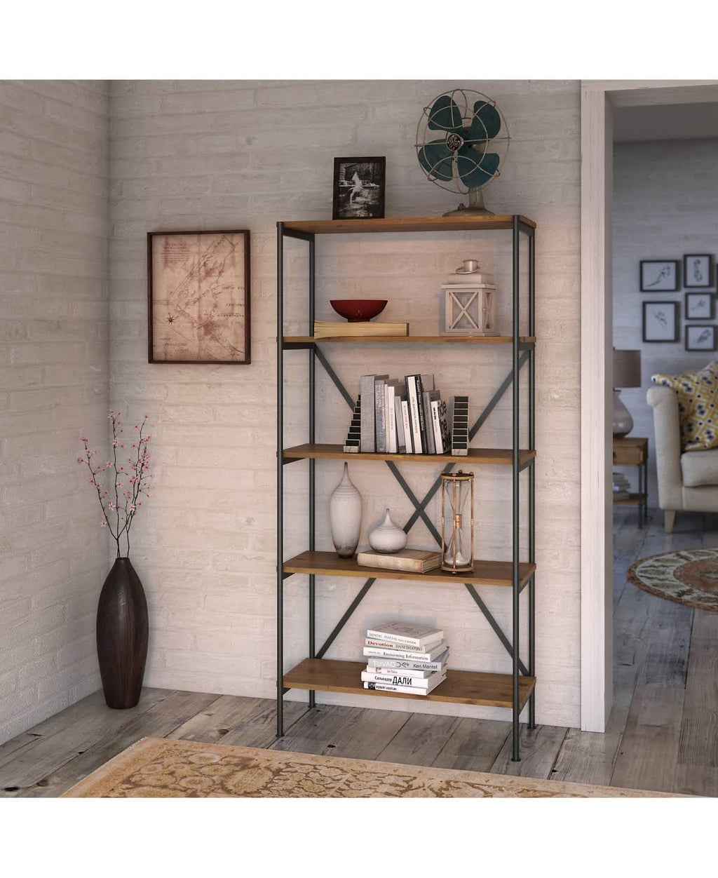 Vintage Golden Pine 5 Shelf Etagere Bookcase X461