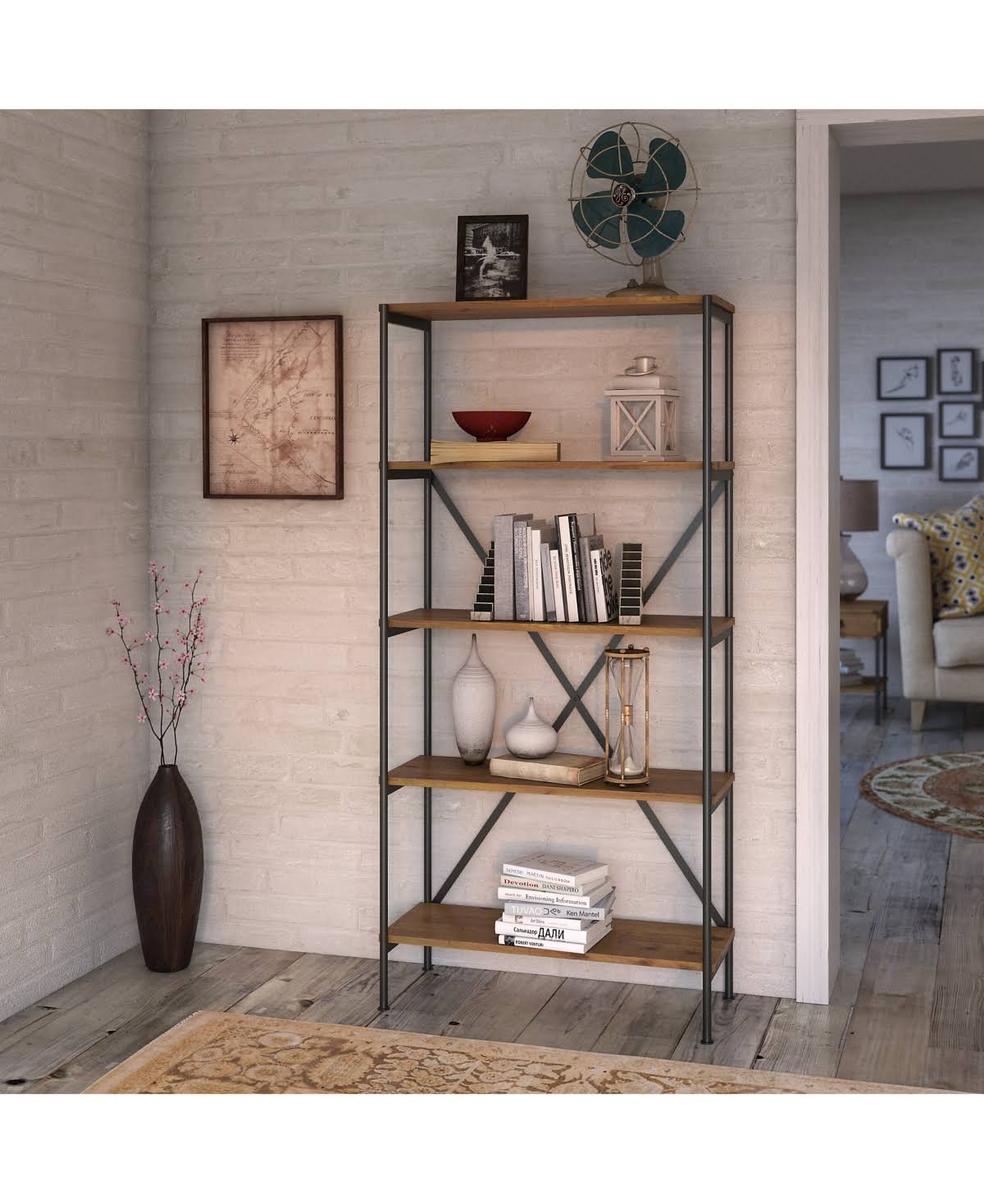 Vintage Golden Pine 5 Shelf Etagere Bookcase X461