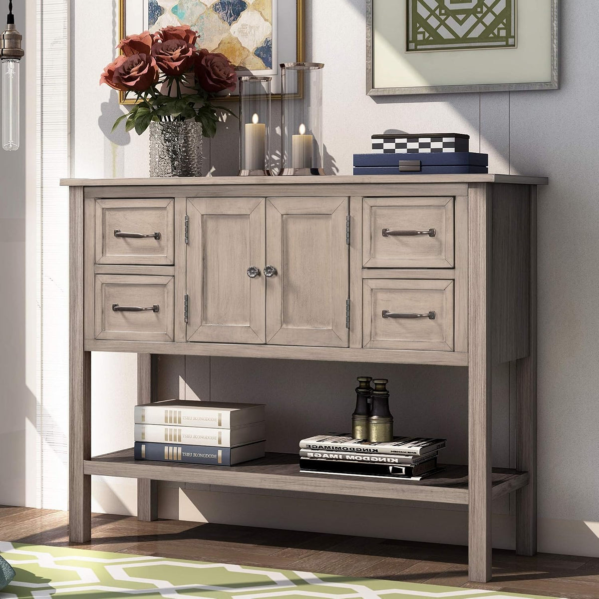 Green Wood Buffet Storage Cabinet with Drawers Y874