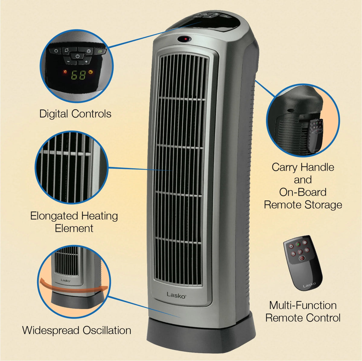 1500W Oscillating Ceramic Electric Tower Space Heater with Remote, Gray B2616