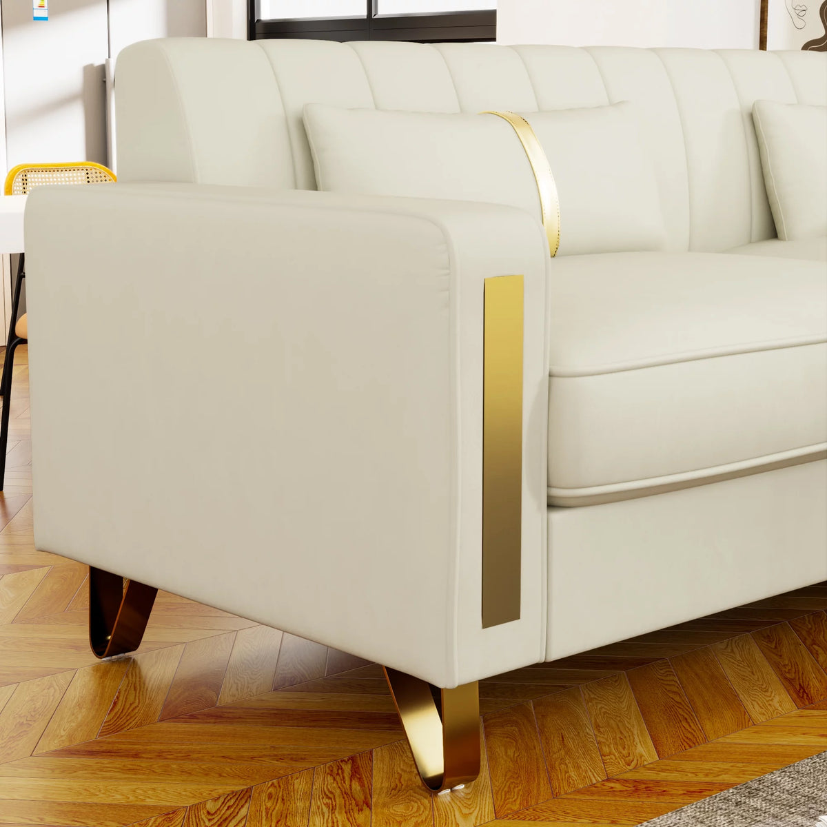 Velvet Upholstered Sofa with Pillows Gold Metal Legs T677