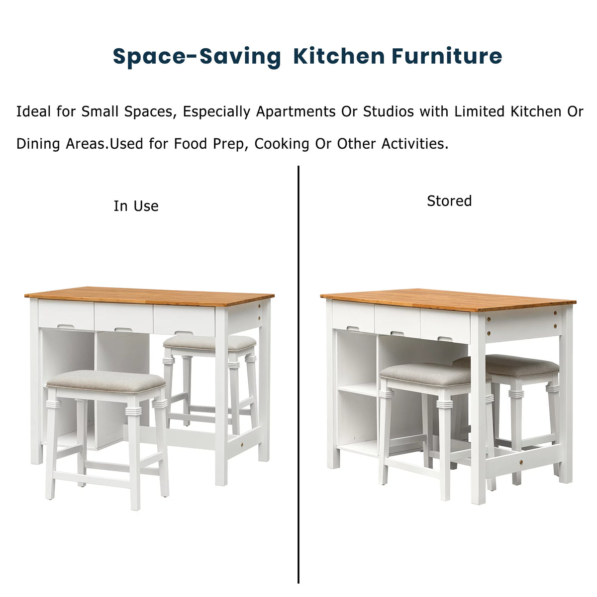 White 3-piece Rubber Wood Kitchen Island Set with 2 Shelves and 3 Drawers U16947