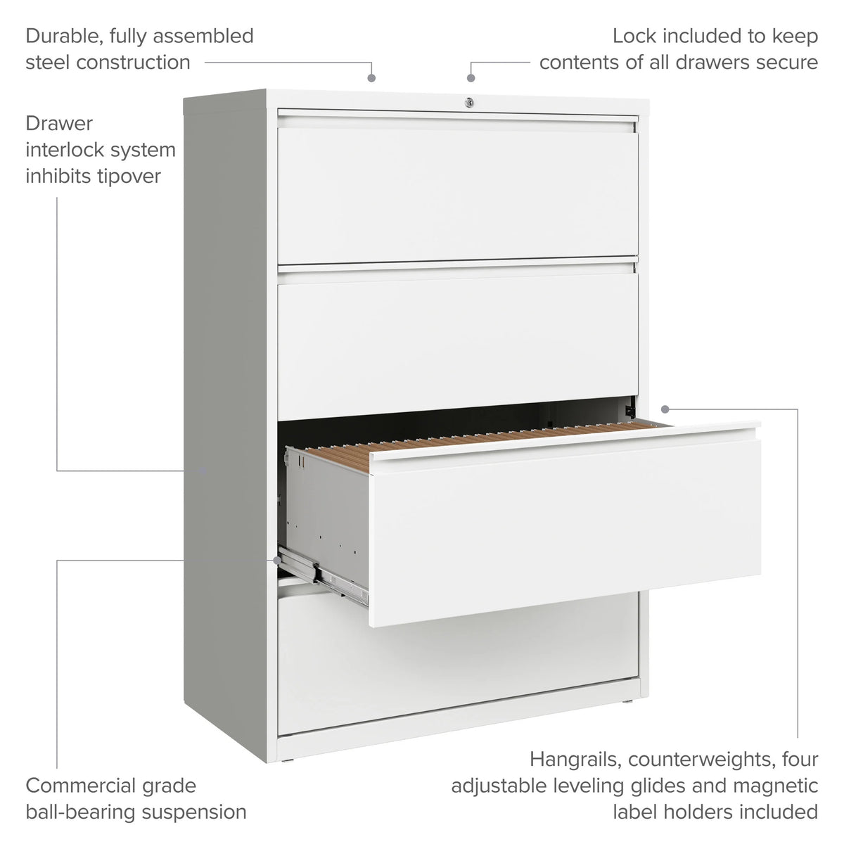 36 Inch Wide 4 Drawer Metal Lateral File Cabinet White D45163