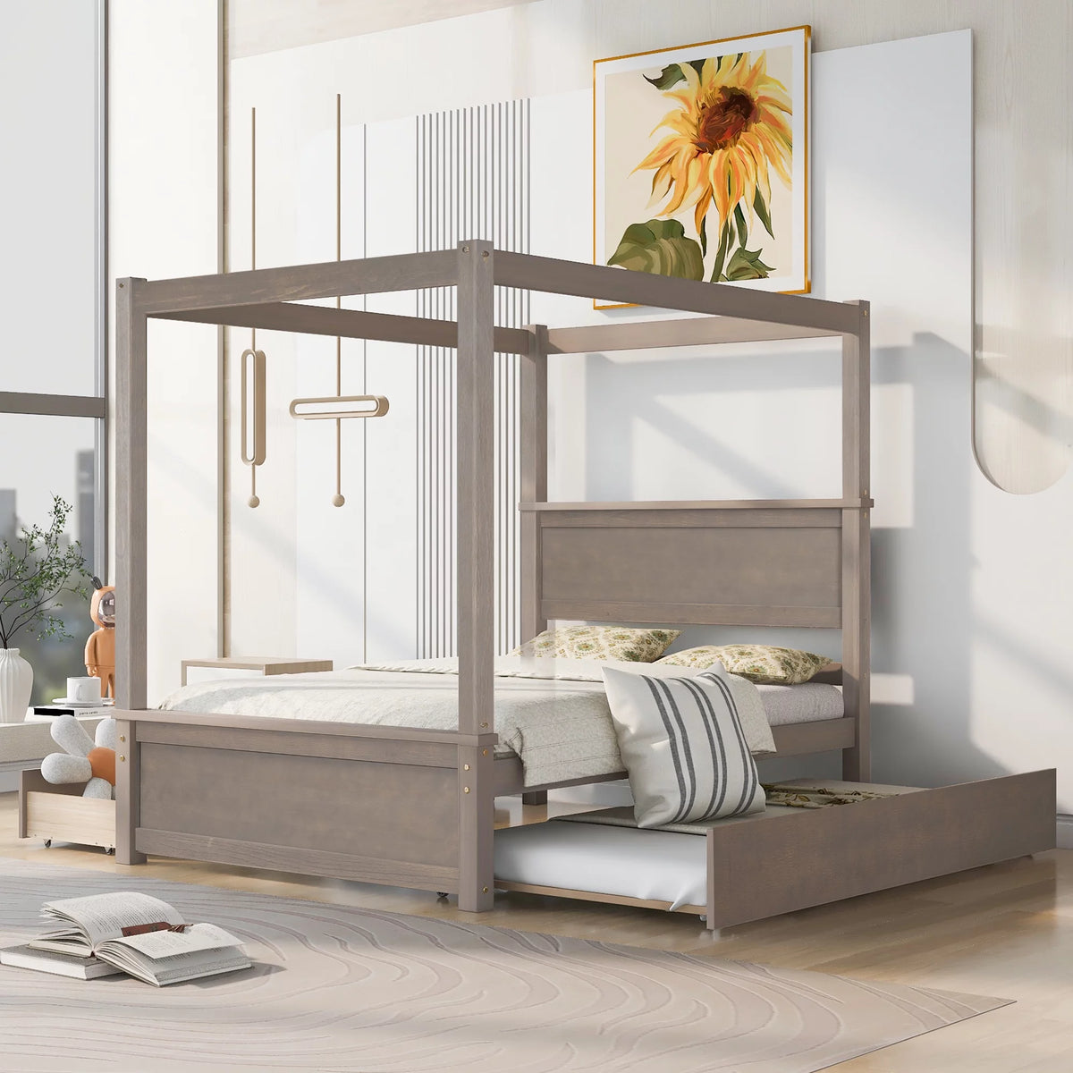 Light Brown Full Size Wood Canopy Platform Bed with 2 Drawers and Trundle Z4229