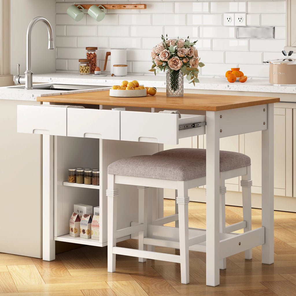 White 3-piece Rubber Wood Kitchen Island Set with 2 Shelves and 3 Drawers U16947