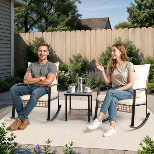 3-Piece Rattan Rocking Bistro Set with Cushions I101