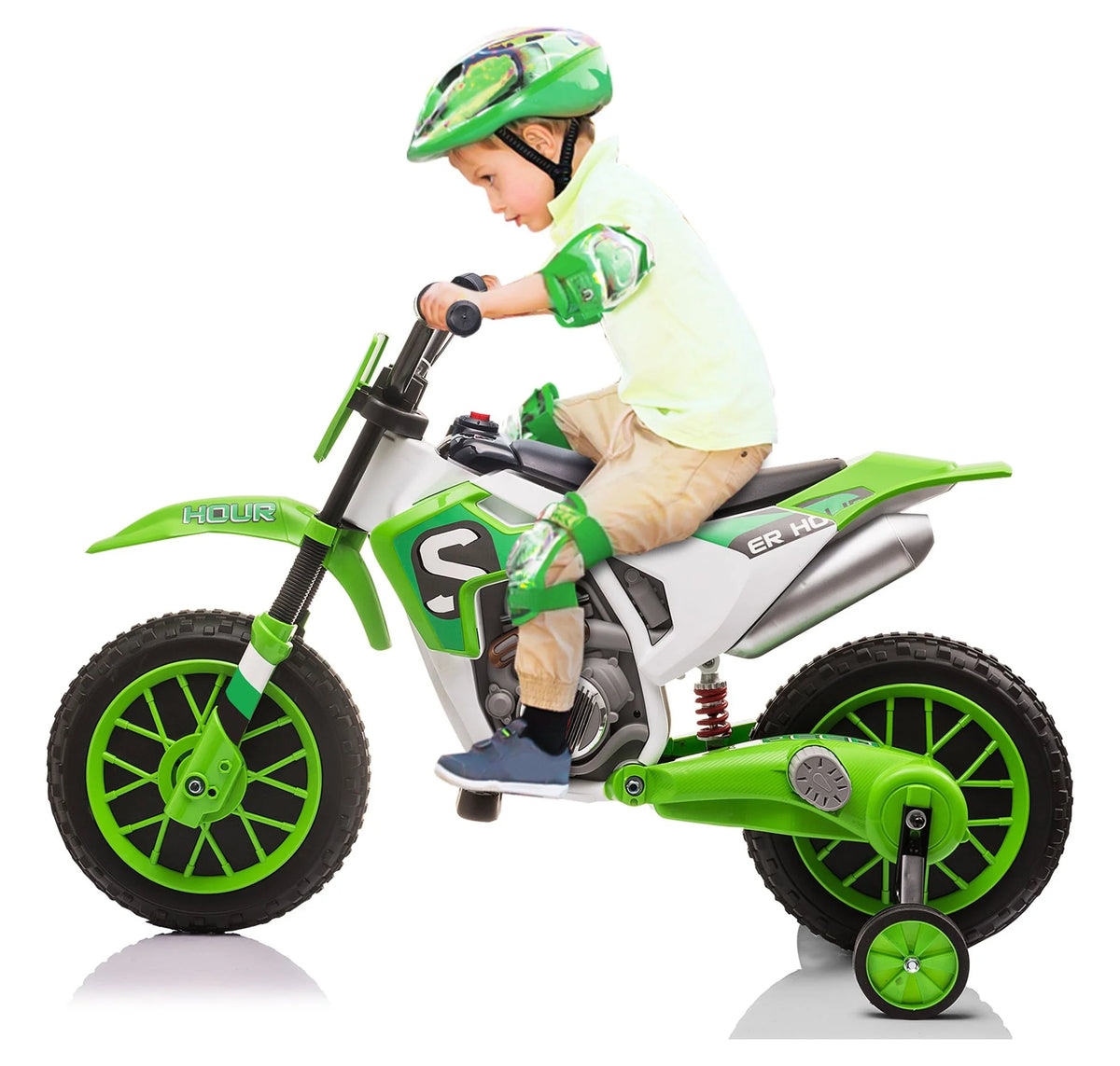 12V Kids Off-Road Ride on Dirt Bike with Training Wheels, Green K640