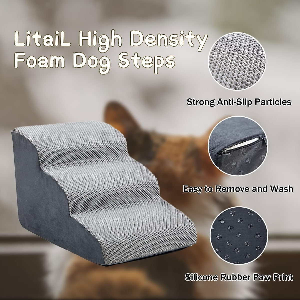 3 Tiers Non-Slip Foam Dog Ramp Stairs for Sofa F73798