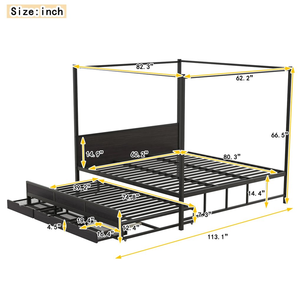 Queen Size Black Metal Canopy Platform Bed with Trundle and 3 Storage Drawers B165