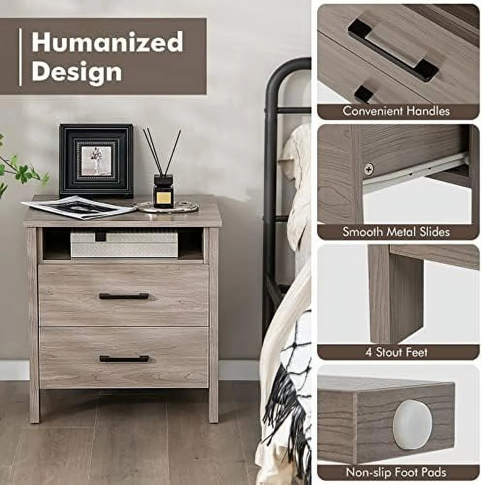 Oak 2 Drawer Wooden Nightstand E72615