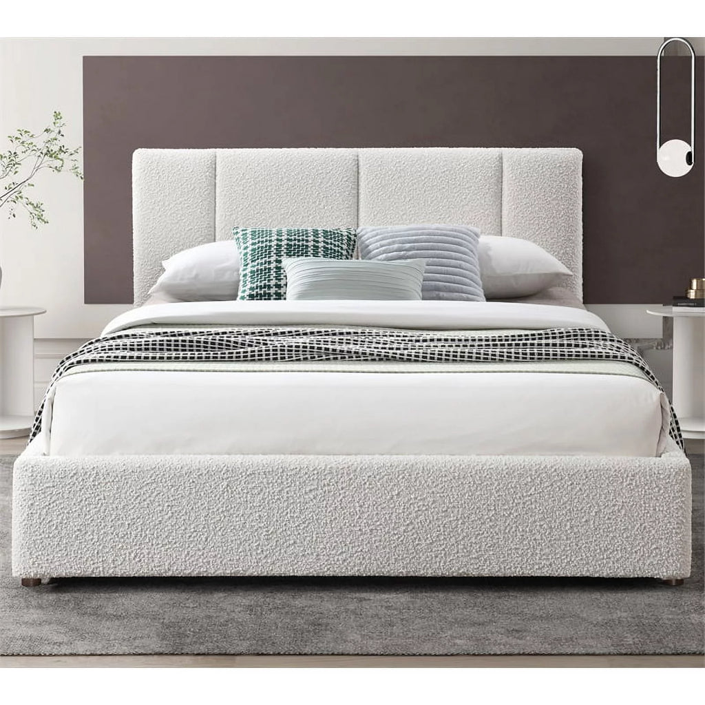 Queen Bed Cream Beige Boucle Fabric N874793