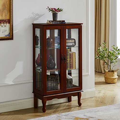 Oak Corner Curio Cabinet with Tempered Glass Doors D9734