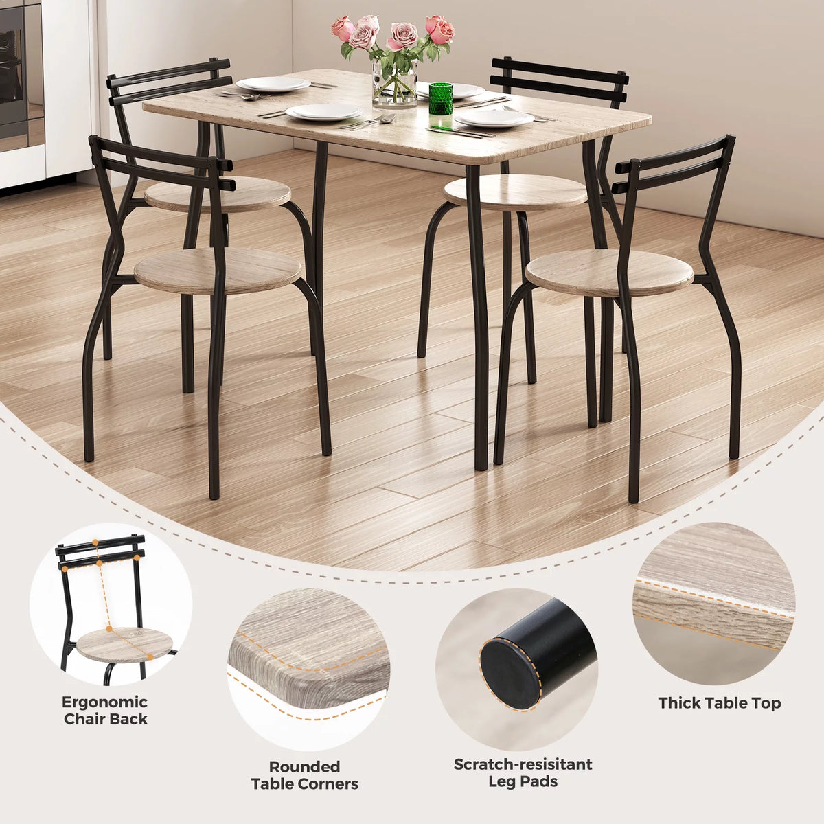 5-Piece Kitchen Table and Chairs for 4 Metal Frame V16334