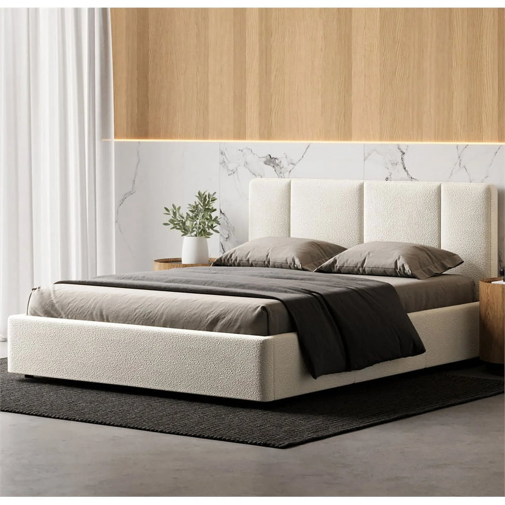Queen Bed Cream Beige Boucle Fabric N874793