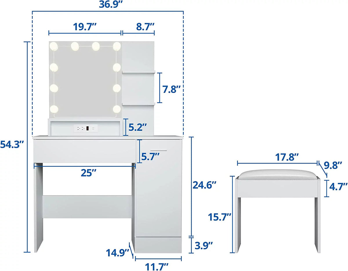 White Vanity Desk with Charging Station and Drawer C3241