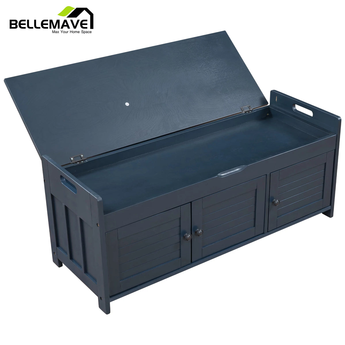 Navy Blue Wood Storage Bench with Removable Cushion and Shelves S594735