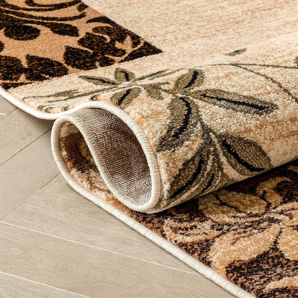 Beige Damask Border Rug 7x10 (6'7 x 9'6) S524018