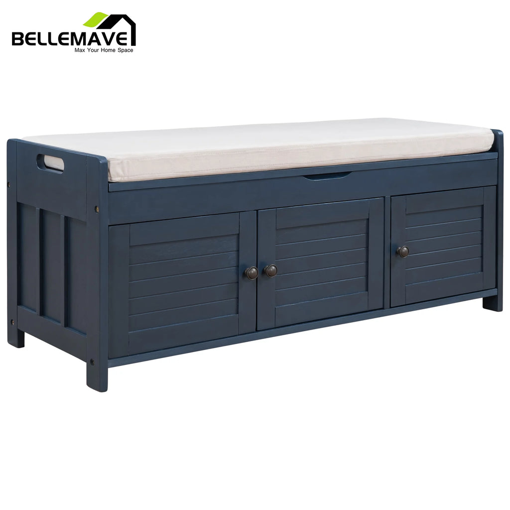 Navy Blue Wood Storage Bench with Removable Cushion and Shelves S594735