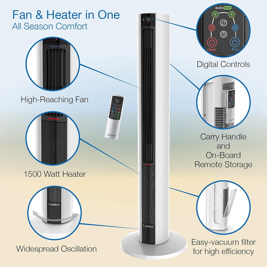 Black White 42 Inch Fan & Space Heater Combo Tower A2478