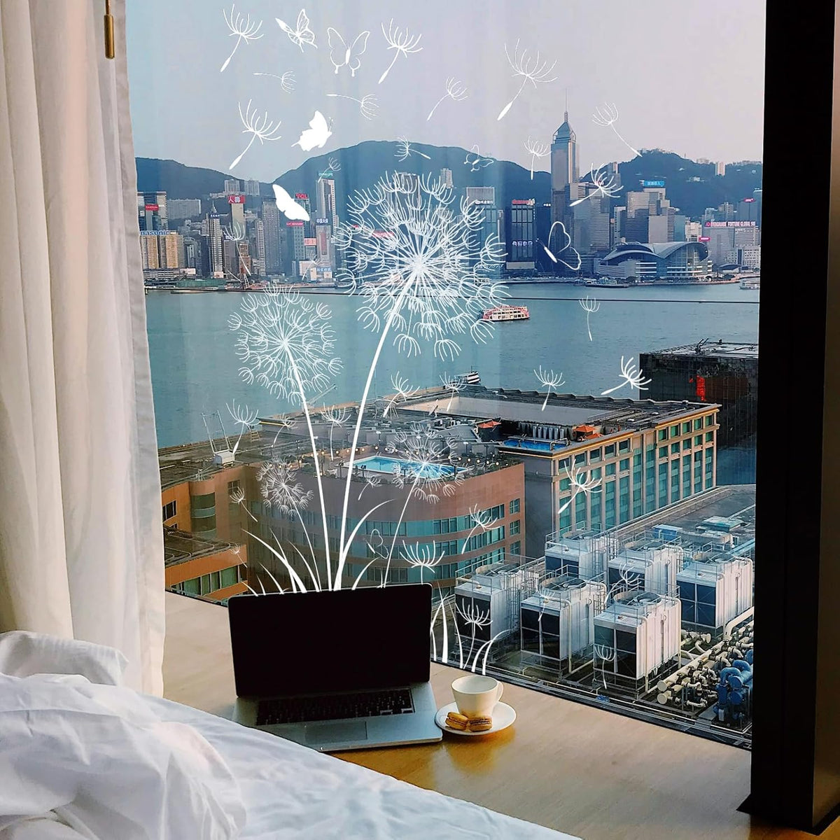 White Dandelion Window Clings Flying Flower Butterflies Window Sticker Self-Adhesive Decals M563