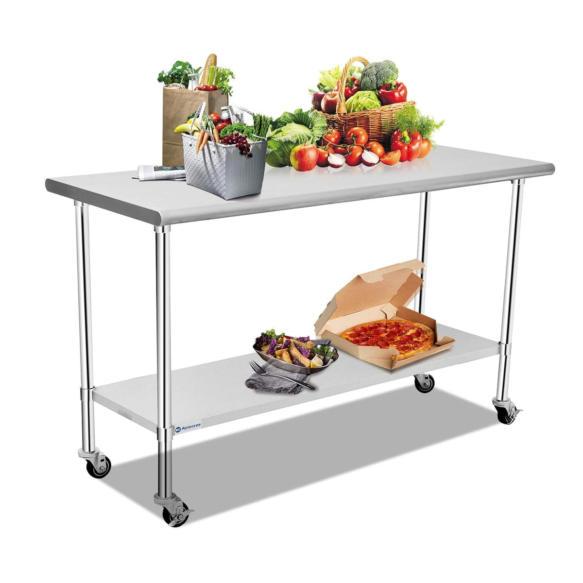 Stainless Steel Table 48 x 24 Inches with Caster Backsplash and Adjustable Undershelf Metal Utility Work Workstations K7236