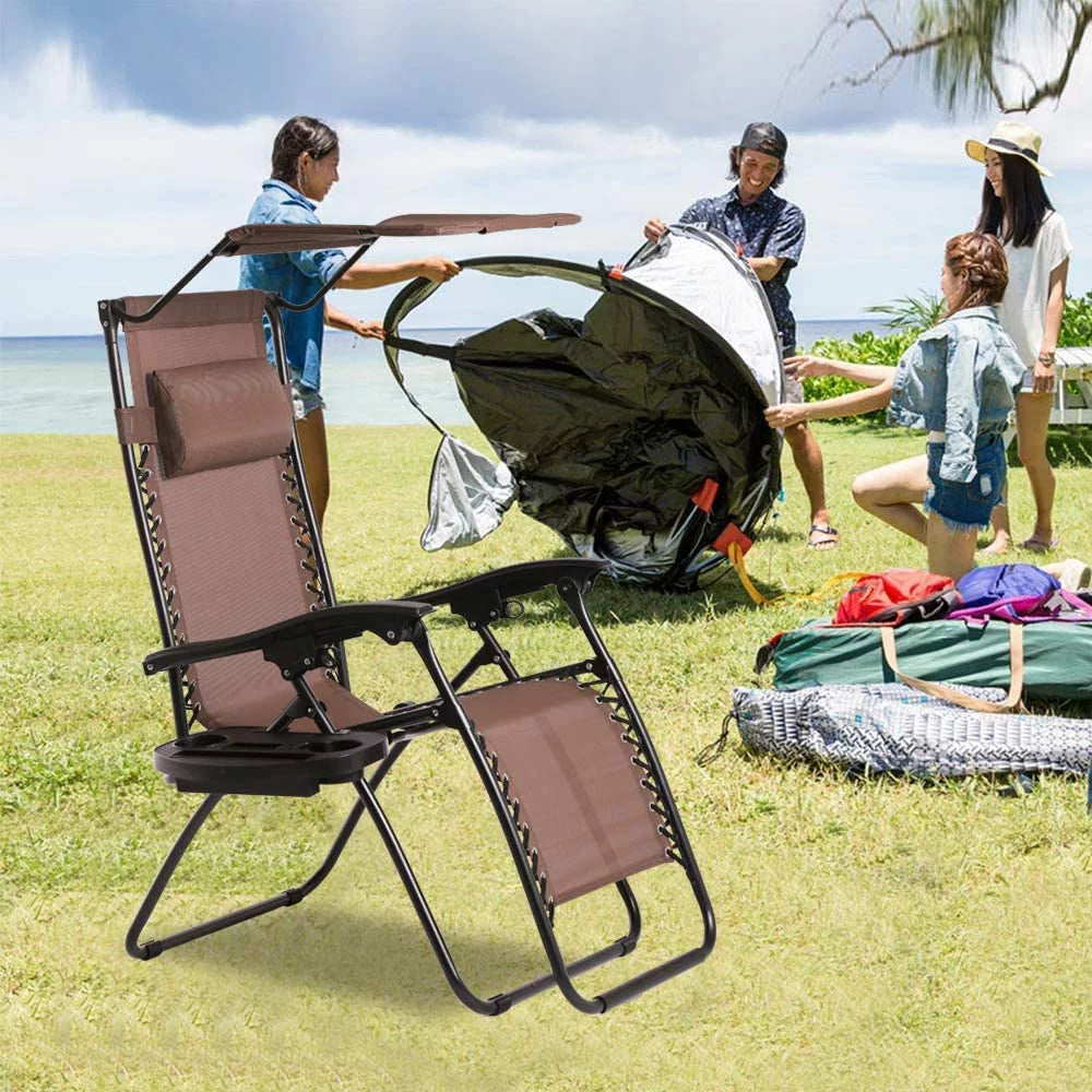 Zero Gravity Chair Set of 2 Folding Recliner with Canopy and Cup Holder Brown P69661